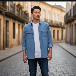 Men's Casual Blue Button Down Shirt XL vintage